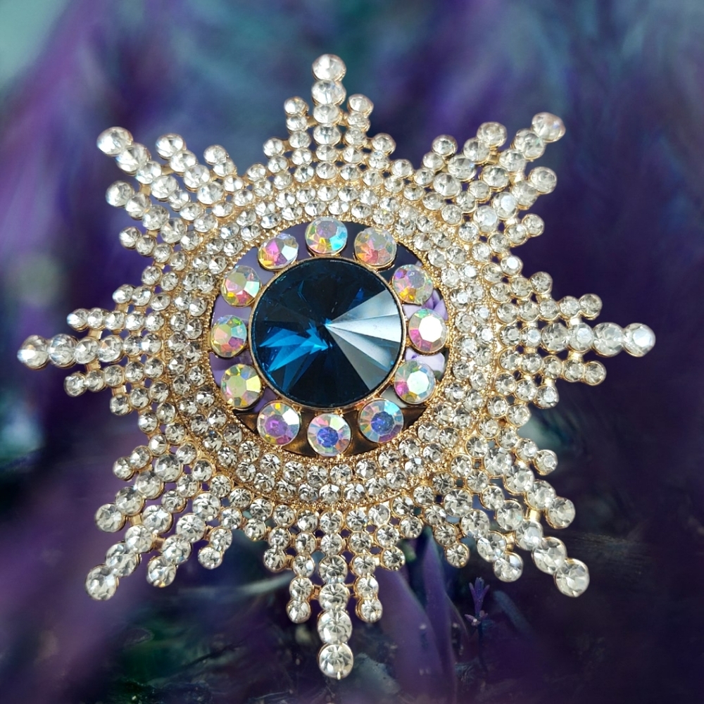Blue Sunburst Crystal Statement Brooch